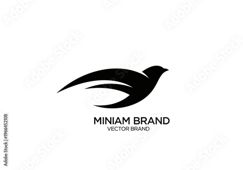 A minimalist curved emblem of a bird in motion flies dynamically on a white background.