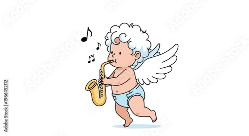 Adorable cartoon cupid with white wings playing a golden saxophone, surrounded by musical notes for a romantic jazz or melody theme.