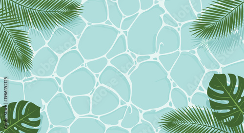 Refreshing view of clear blue swimming pool water with sunlight ripples, framed by lush green tropical palm and monstera leaves.