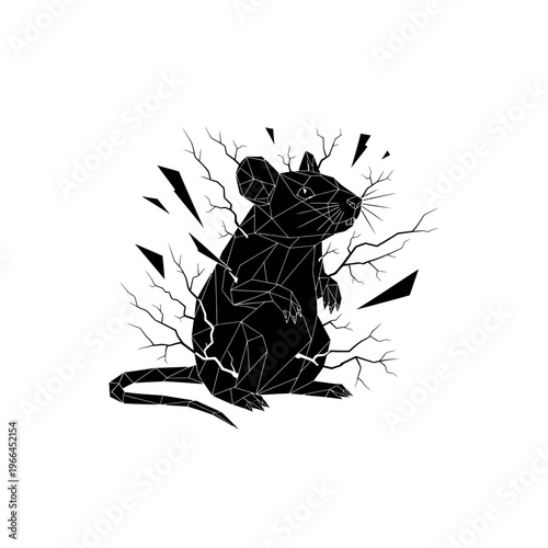 A geometric black vector illustration of a rodent character surrounded by lightning shards on a white background