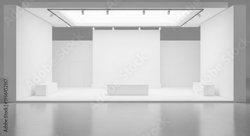 Modern minimalist empty white exhibition hall with track lighting and display pedestals, ready for an art show or product presentation.
