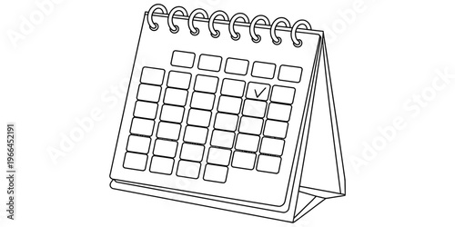 A simple black and white line drawing of a spiral bound desk calendar with one day marked off Vector, illustration