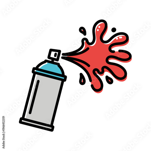 Urban graffiti artist sprays bold red paint splash from can