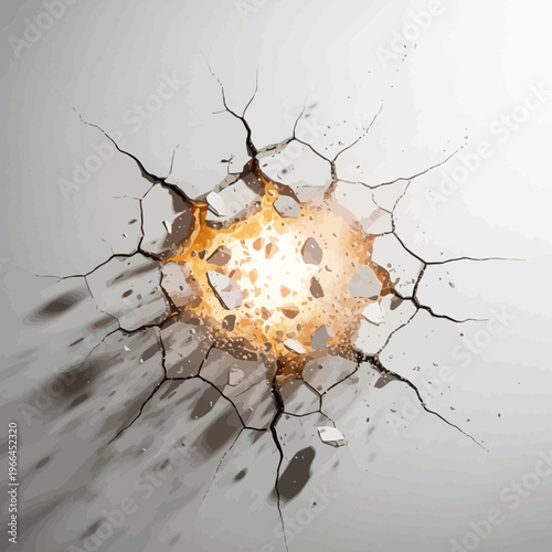 Wall explodes with a fiery blast, fragmented edges on white background.