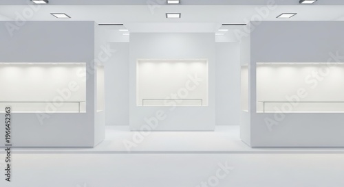 Bright, empty, and modern white gallery interior with illuminated display cases and minimalist design.