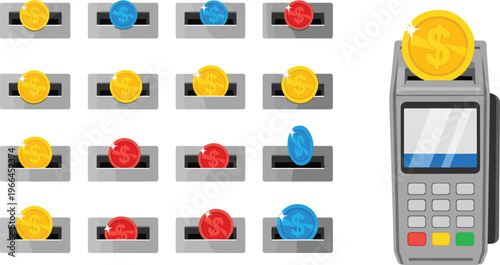 Digital payment terminal with coin icons and transaction slots, modern fintech illustration for cashless payments and financial technology concept