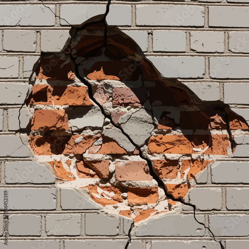 A broken wall with a large hole and jagged cracks in a brick pattern.