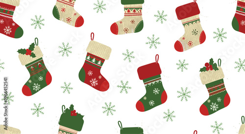 Traditional Christmas seamless pattern featuring red and green holiday stockings and snowflakes on a white background for seasonal decor.