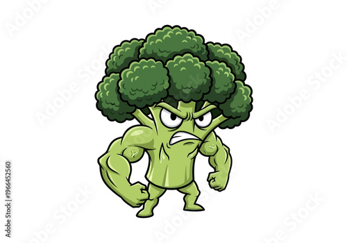 Angry broccoli character flexes muscular arms in cartoon style on white background