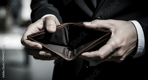 Empty Wallet in Hands of Businessman Symbolizes Financial Hardship and Unsettled Emotions in Dark and Gloomy Environment