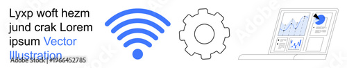 Technology, data analysis, internet connectivity, process optimization, digital innovation, business solutions. wireless icon, gear and laptop screen with graphs. Internet connectivity and data