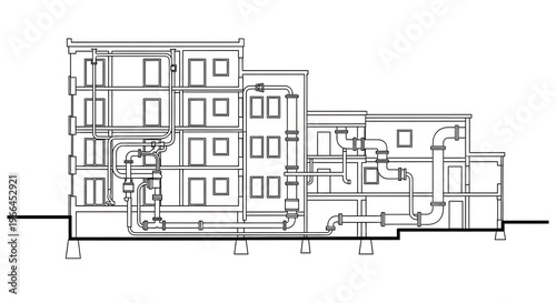 Architectural cross section of a building with visible internal systems