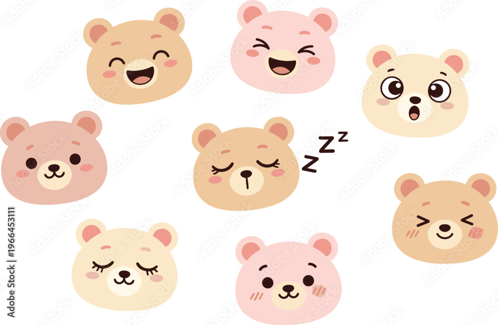 Fototapeta premium Cute Bear Face Character Set with Various Expressions, Adorable Cartoon Animal Emoji Collection for Kids Design, Nursery Theme Vector Illustration Pack