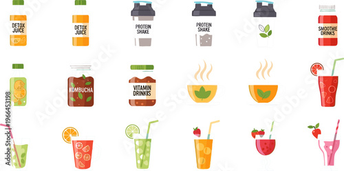 Traditional and Modern Beverage Collection Featuring Tea, Coffee, Bubble Milk Tea, Sugarcane Juice and Herbal Drinks Vector Illustration Set