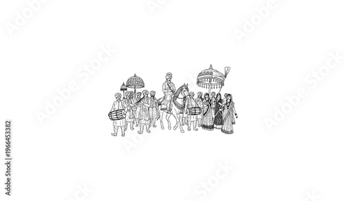 Indian Wedding Baraat Line Art Vector Illustration with Groom and Musicians