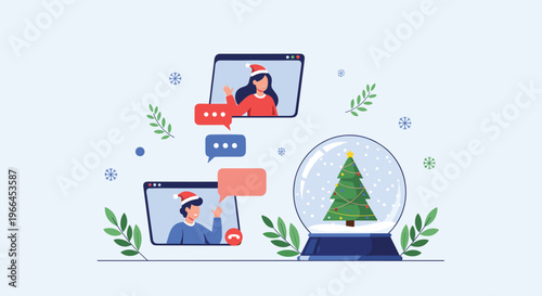Online Christmas celebration illustration showing two people in Santa hats video calling each other with a festive snow globe in the middle.
