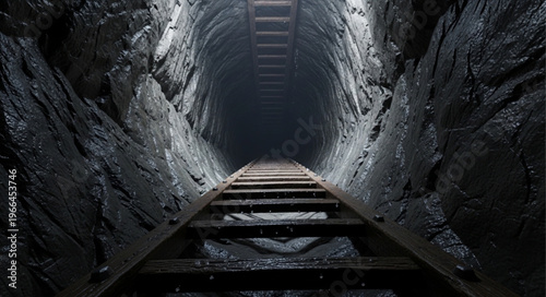 Deep Underground Mine Shaft with Wooden Support Beams.