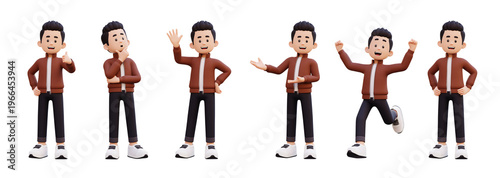 Friendly 3D cartoon character with brown jacket and black pants in various poses. on whit