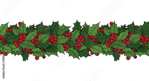 Horizontal border of green holly leaves and bright red berries traditionally used for Christmas and winter holiday decorations.