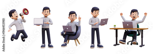 Animated Man in Five Poses Announcing. Working. Idea. Focused. and Celebrating Success