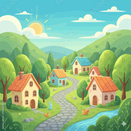 idyllic village landscape with houses and stream vector illustration