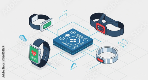 Isometric View of Wearable Health Tech Devices and Central Hub.