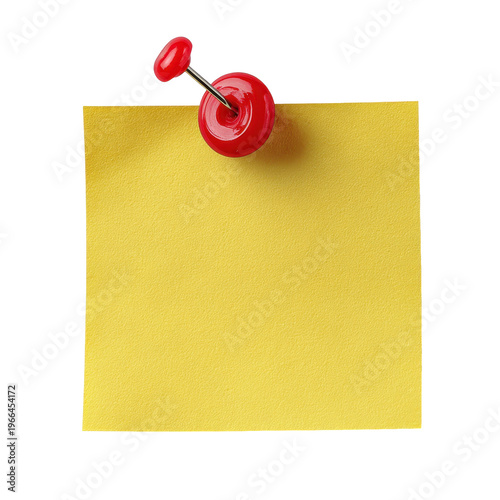 Bright yellow sticky note clipped to a red string with a clothespin, featuring empty copy space for reminders, messages, or creative ideas ,isolated on transparent background