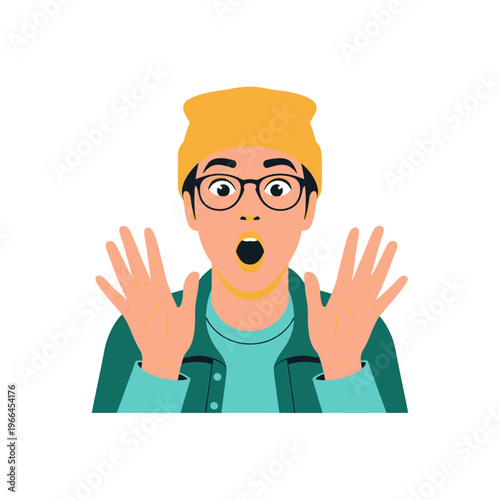 Surprised Young Person with Open Mouth and Wide Eyes, Wearing Yellow Beanie and Glasses