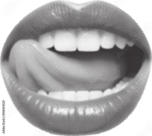 Black and White Halftone Pop Art Lips Biting Tongue Retro Comic Style Bold Graphic Mouth Illustration