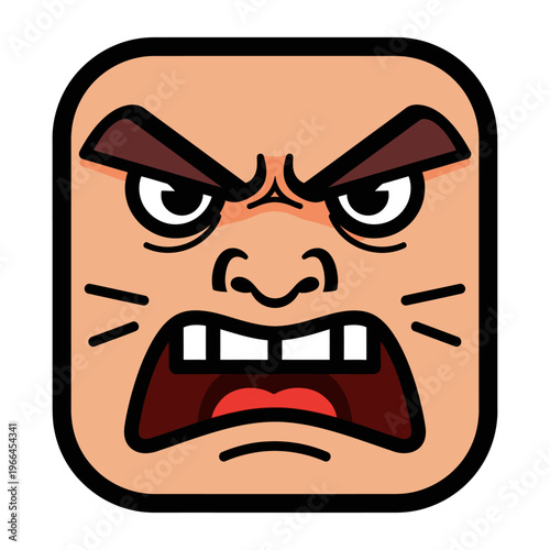 Angry Face Icon, Cartoon Expression, Frustrated Emotion, Aggressive Mood, Square Avatar