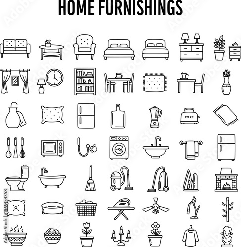 Home Furnishings Outline Icon Set: Interior Decor, Furniture, Appliances  Cleaning Supplies