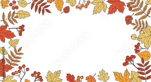 Decorative border frame made of various colorful autumn leaves and red berries on a plain white background with space for text.