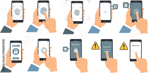 Mobile Phone Security and Biometric Authentication Set Featuring Fingerprint Scan, Password Entry, Unlock Process and Cyber Protection Warning Vector Illustration
