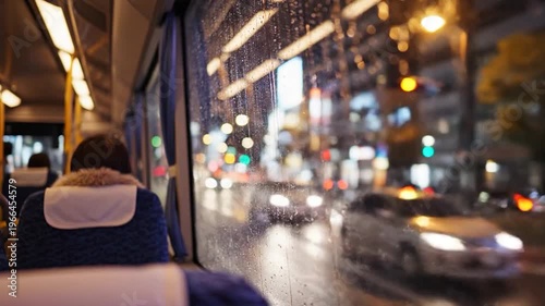 View from inside a moving vehicle at night, with rain streaks on the window and blurred city lights in the background