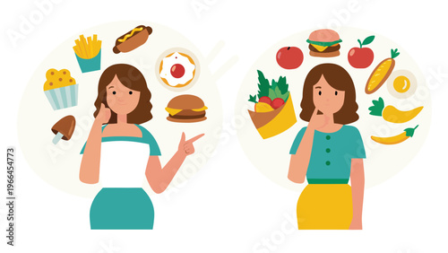 Woman choosing between healthy and unhealthy food. Fast Food and balanced menu comparison, dieting. Choice between Good and bad nutrition.

