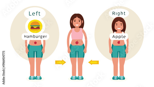 Vector of a young woman choosing between healthy and unhealthy food