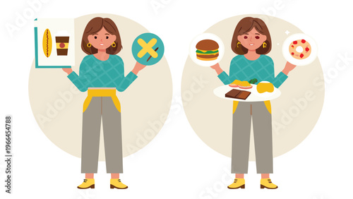 The choice between healthy and unhealthy food. Woman chooses between a burger and an apple flat modern illustration.