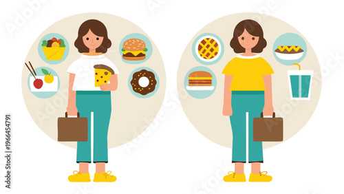 Woman choosing between healthy and unhealthy food. Fast Food and balanced menu comparison, dieting. Choice between Good and bad nutrition.