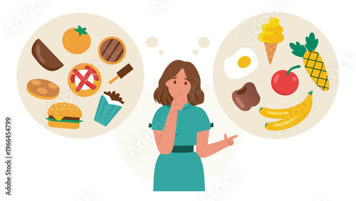 Vector illustration of young woman thinking about healthy food by one side, and unhealthy - by another side. Isolated on white.