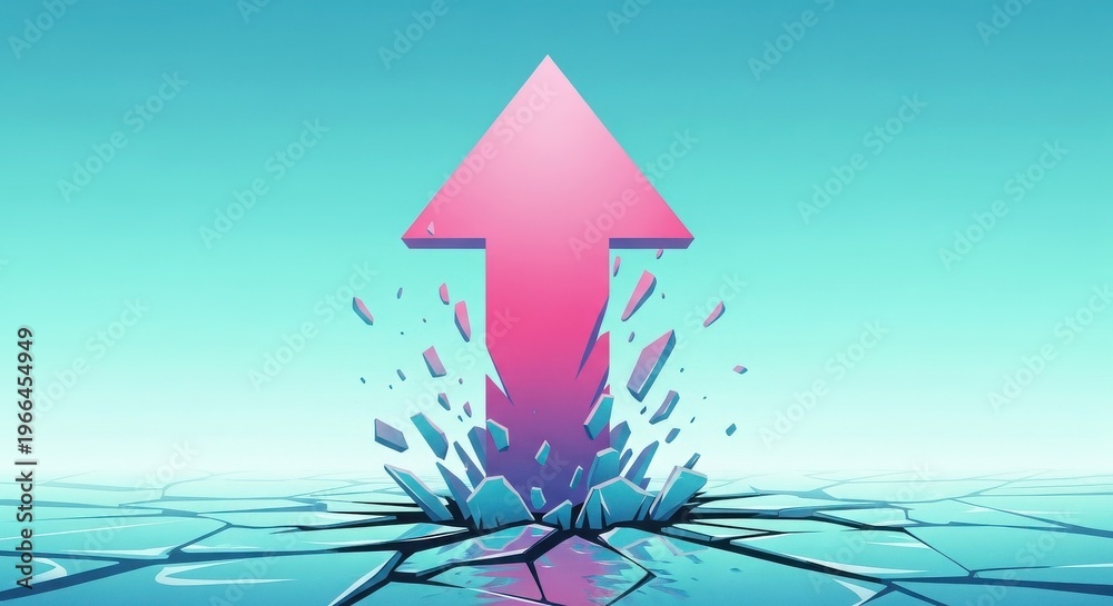 Fototapeta premium Pink arrow breaking through cracked blue surface upwards