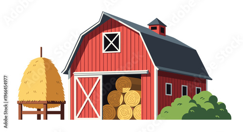 Traditional red barn in a rural farm setting with hay bales stacked inside and a large haystack on a wooden platform.