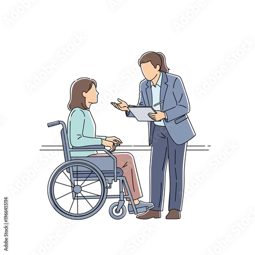 Woman in wheelchair consulting with professional, medical assistance, disability support