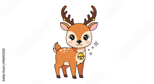 Adorable cartoon reindeer standing with large shiny eyes and wearing a gold bell collar on a clean white background.