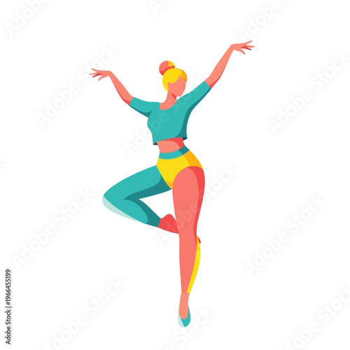 Ballet Dancer in Dynamic Pose, Modern Flat Illustration, Turquoise and Yellow Outfit