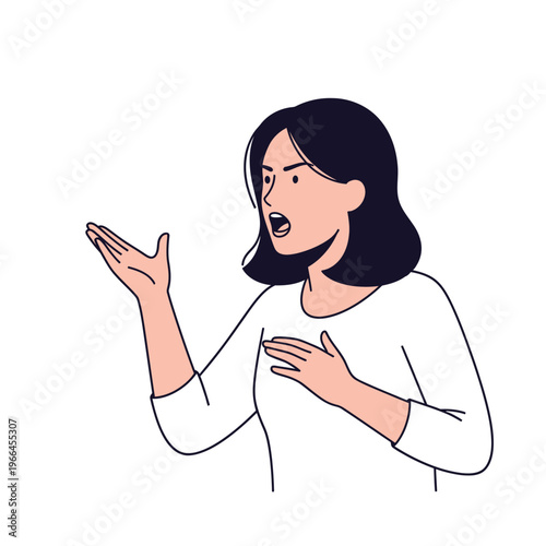Frustrated woman expressing anger and disbelief with hand gesture and open mouth.