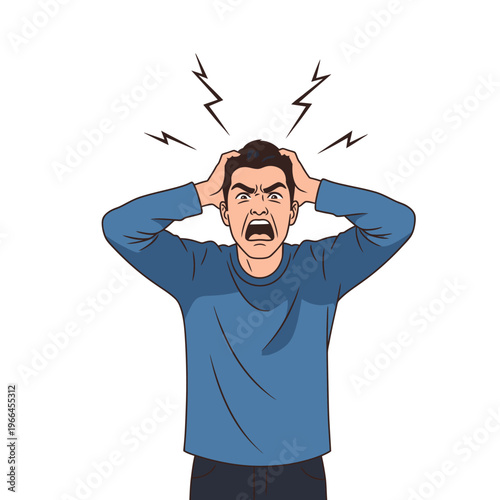 Frustrated Man Screaming Holding Head with Lightning Bolts, Stress and Anger