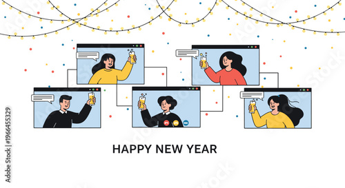 Virtual New Year party with friends celebrating together through a video call on multiple computer screens with drinks and lights.