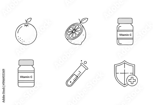 Illustrative line icons showcasing Vitamin C's importance for immune system health and general well-being, featuring oranges, lemons, supplement bottles, and protective shields