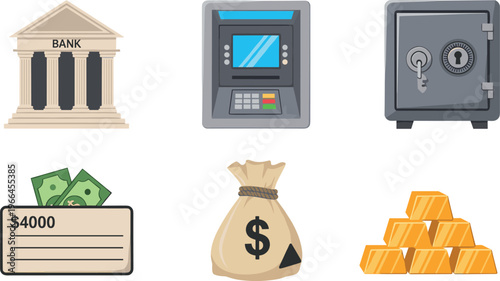 Banking and finance icons set including bank building, ATM machine, safe vault, cash, money bag and gold bars, financial security and economy concept illustration