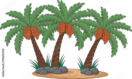 Date palm trees illustration with ripe fruit clusters on tropical island scene, desert oasis landscape concept, lush green leaves and natural agriculture environment design